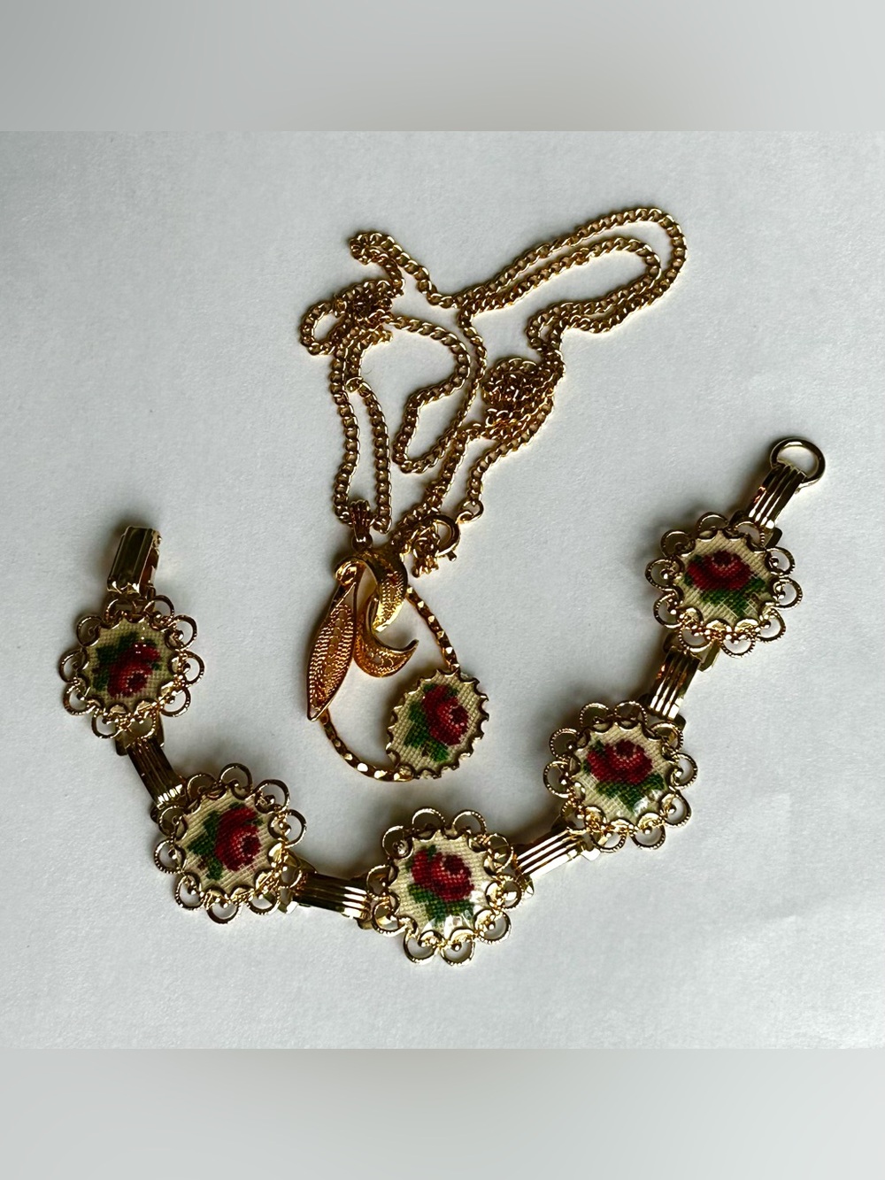 Vintage 1950’s Petite Point Rose Jewelry Set - Embroidered Pendant and Bracelet